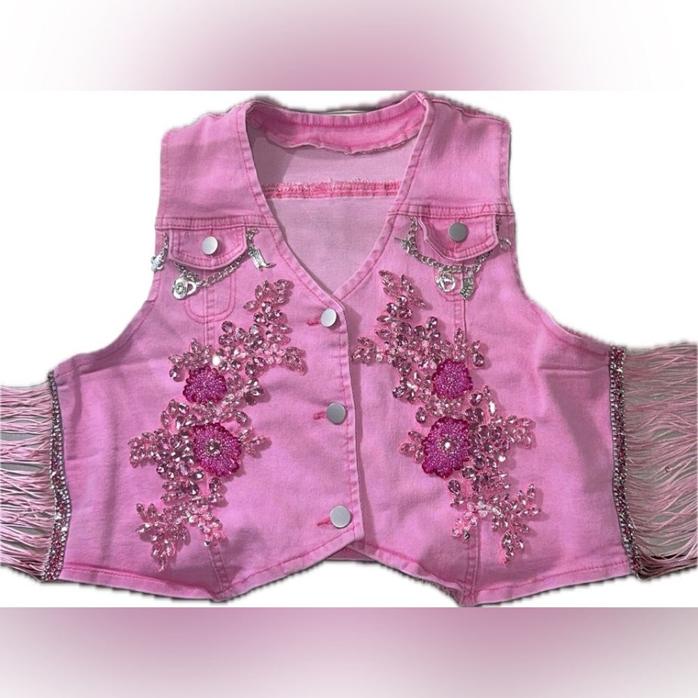 Beyonce Custom Pink Embellished Fringe Denim Vest and Shorts